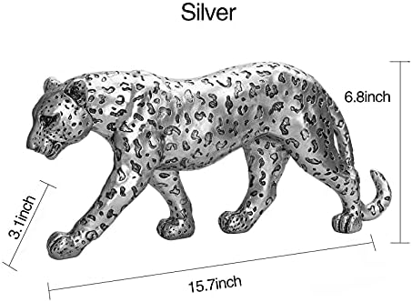 Cheetah Statue Home Decor Leopard Sculpture Resin Sitting Cheetah Figurine Desktop Table Top Ornament Decoration for Home Office-Gold Or Silver (Walking-Silver) - Image 2