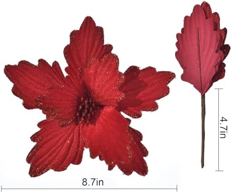 10 PCS Glitter Poinsettias, 8.7" Artificial Christmas Flowers, Dark Red - Image 6