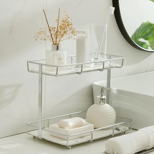 Bathroom Organizer Countertop Perfume Organizer Makeup Organizer Cosmetics Storage Display Rack Vanity Tray Dresser Stainless Steel Gold Shelf White Marble Ceramic Tray (2 Tier L-Sliver) by Dobbyby