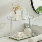 Bathroom Organizer Countertop Perfume Organizer Makeup Organizer Cosmetics Storage Display Rack Vanity Tray Dresser Stainless Steel Gold Shelf White Marble Ceramic Tray (2 Tier L-Sliver) by Dobbyby
