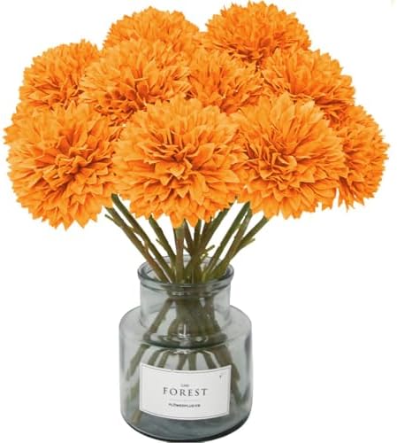 Tinsow 12PCS Artificial Ball Chrysanthemum Faux Flowers Bouquet Orange by Tinsow