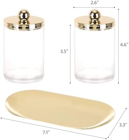 Tbestmax 2 Pack Qtip Holder with Gold Tray, 10oz Plastic Canister Apothecary Jar for Cotton Swabs, Balls, Pads, Floss Picks - Clear Bathroom Essentials Accessories Decor - Image 2