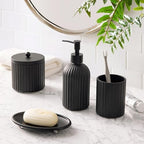 4PCs Heavy Weight Decent Glass Bathroom Accessories Set with Decorative Pressed Pattern - Includes Hand Soap Dispenser & Tumbler & Soap Dish & Toothbrush Holder (Black) - Image 3