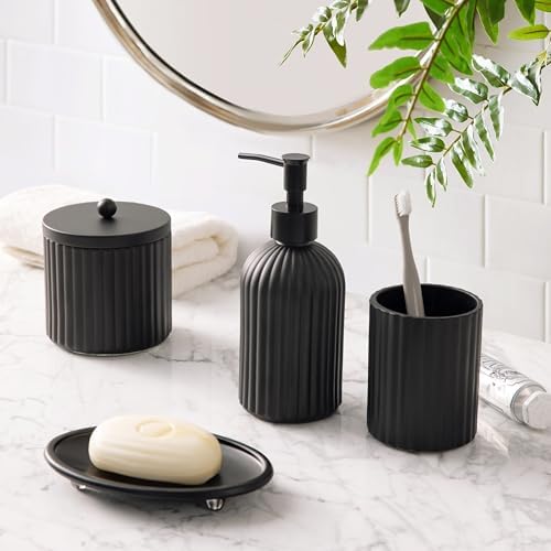 4PCs Heavy Weight Decent Glass Bathroom Accessories Set with Decorative Pressed Pattern - Includes Hand Soap Dispenser & Tumbler & Soap Dish & Toothbrush Holder (Black) - Image 3