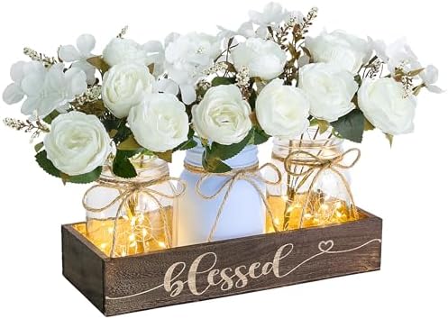 3 Pcs Mason Jar Table Centerpieces for Dining Room with Wood Tray&Led Light - Image 3
