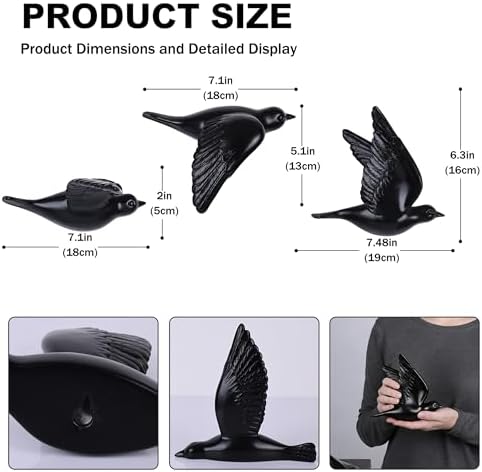 Black 3D Flying Bird Wall Decor Set of 3, Resin Bird Wall Sculptures - Image 3