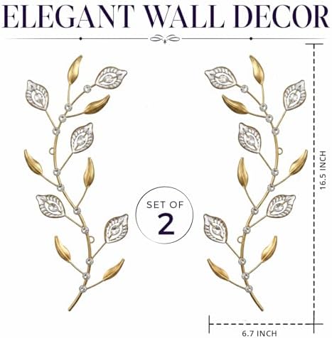 sxnzequnze 2 Set Metal Tree Leaf Wall Art for Home Decor Living Room Bedroom Dining Room Bling Rhinestone, 3D, Iron Branch Hanging Leaf Sculpture Art Pieces -Gold 16.5in*6.7in - Image 3