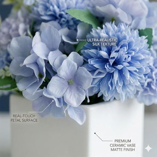 TKAS Fake Flowers Arrangement in Ceramic Vase, Artificial Faux Silk Hydrangea, Small Realistic Dried-Style Floral Centerpiece for Dining Table, Wedding Party Home Decoration (Blue) - Image 2