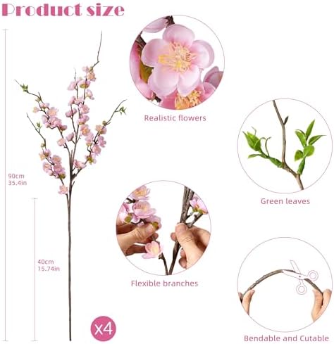 Pink Cherry Blossom Branches Artificial Plum Blossom Fake Flowers Artificial Flowers Silk Flowers 4PCS 35.4'' Long Stem Artificial Flowers for Tall Vase for Indoor Home Decoration,No Vase - Image 2