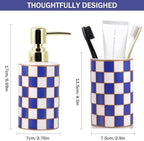 Bathroom Toothbrush Holder Set, Ceramic Checkered Soap Dispenser and Tooth Brush Holder Set, Modern Bathroom Accessories Sets Countertop, Black and White Checkered Bathroom Decor Set (Blue) - Image 2