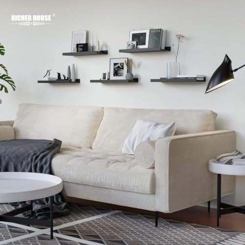 RICHER HOUSE 5-Set Floating Shelves with Lip, Black Wall Mounted Wood Shelf - Image 2