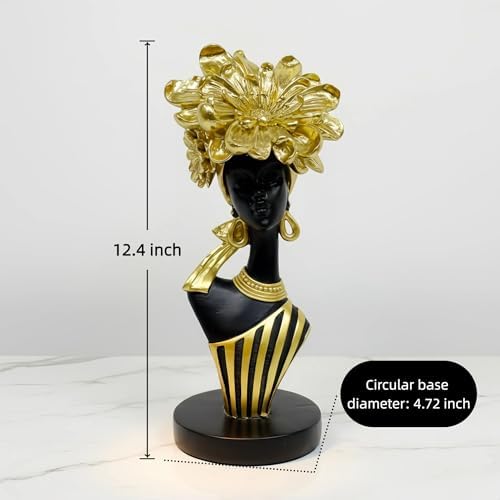 Lescafita African Woman Art Sculpture with Gold Floral Crown, Black and Gold Striped Statue,Elegant African-Inspired Art Gift suitable for various settings such as home, bookshelves, desks, or offices - Image 3