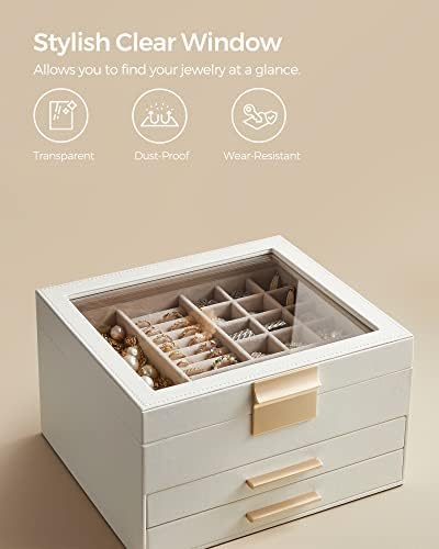 SONGMICS Jewelry Box Organizer, 3-Layer Storage with 2 Drawers, Glass Lid - Image 5