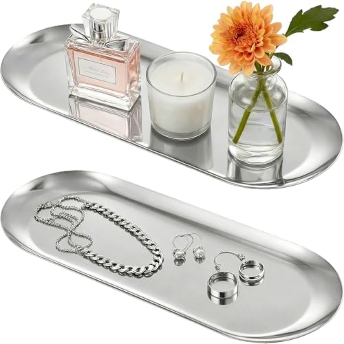 2PACK Silver Decorative Tray, Bathroom Vanity Tray for Dresser Counter, Stainless Steel Jewelry Dish Tray for Decor, Perfume Ring Key Candle Organizer Tray, Oval by Wikapy