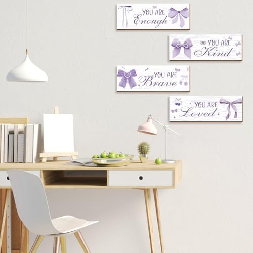 4 Pcs Purple Bow Wall Decor, Light Purple Coquete Room Decor for Teen Girls, Inspirational Positive Affirmations Wall Wooden Hanging Sign Bathroom Art - Image 5