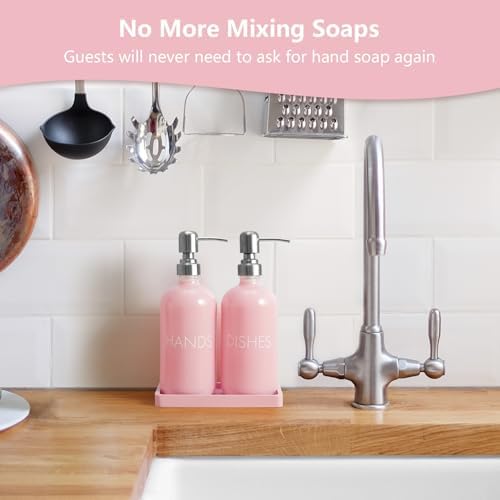 Pink Glass Dish and Hand Soap Dispenser Set - Kitchen Soap Dispenser with Tray and Stainless Steel Pump - for Modern Pink Kitchen Decor and Accessories - Image 2