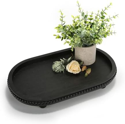 Wooden Decorative Tray for Coffee Table, Black Beaded Oval Tray Home Decor by SYNCVIBE