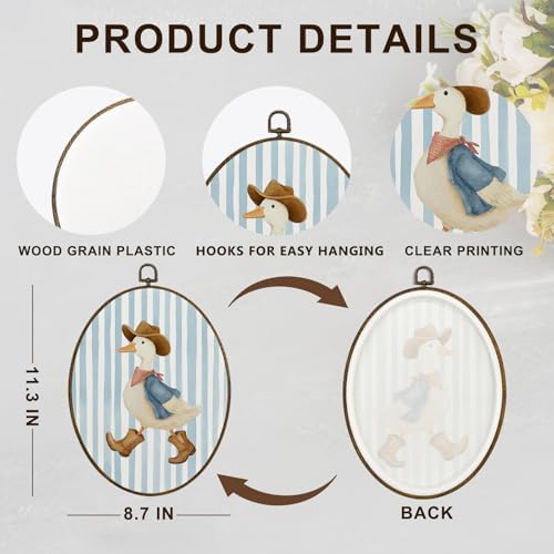 dvhdajed Trendy Western Cowboy Goose Oval Wall Art Decor, Rustic Cowboy Hat Farm Animal Framed Canvas Art, Light Blue Striped Goose Wall Hanging Decor for Toddler Room Bedroom Bathroom, 8.7x11.3 Inch - Image 7