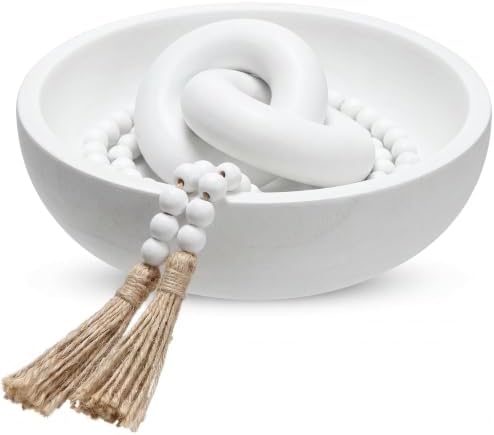 Novabright Farmhouse Wooden Bowl Set with Chain Beads, White by Unknown