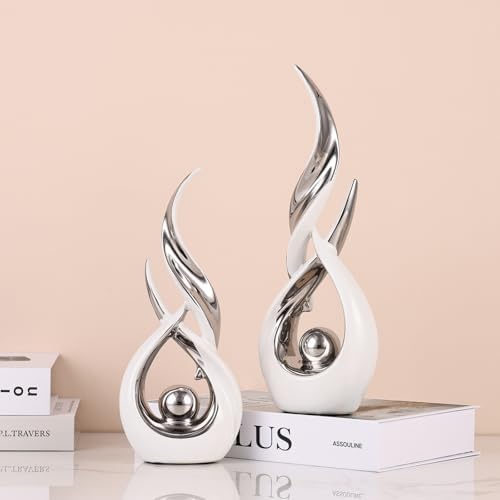 2 PCS White Silver Ceramic Statues For Home Decor Accents, Modern Abstract Art Sculptures, Elegant Tabletop Decorative Objects For Dining Room, Entryway, Tv Stand, Mantel, Coffee Table Centerpieces - Image 3