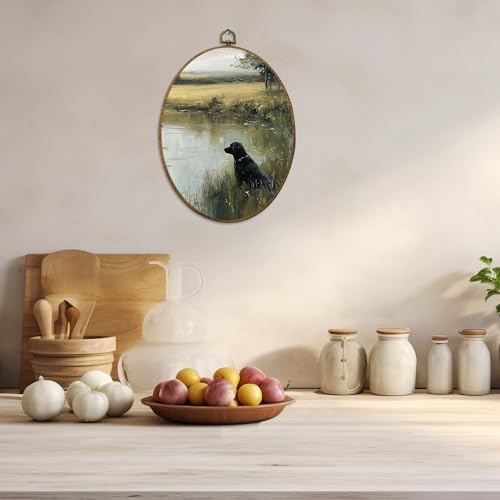 CUANFDDSF Vintage Black Labrador Landscape Oval Wall Art Decor, Countryside Cottagecore Farmhouse Cabin Wall Hanging Decor, French Country Framed Canvas Prints for Bedroom Living Room, 8.6x11.4 Inch - Image 5