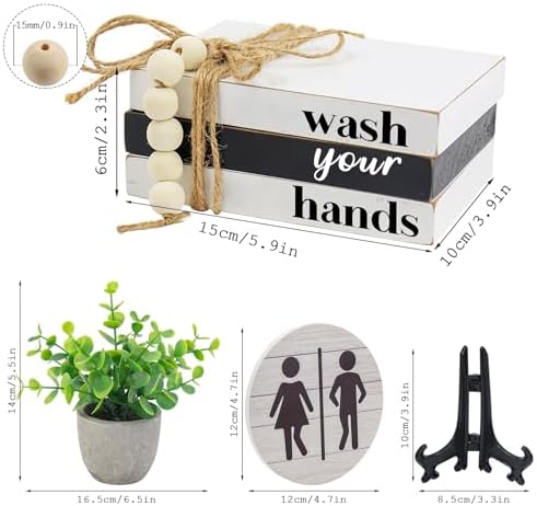 Bathroom Shelf Decor Signs with Bookstack, 3D Round Signs & Fake Plants - Image 2