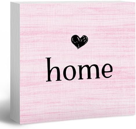 Home Sign, Home Signs for House Decor, Welcome Sign, Rustic Farmhouse Desk Decor Wood Block Box Plaque for Living Room Wall Shelf, Housewarming Gifts (Pink) by ANIANG