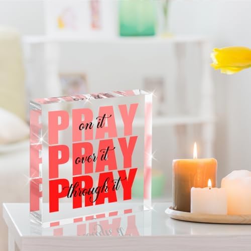 Red Room Decor, Inspirational Christian Gifts for Women, Red Dorm Bathroom Room Decoration, Office Decor for Women, Acrylic Office Desk Accessories Decoration Wall Art Sign - Pray through it - Image 3