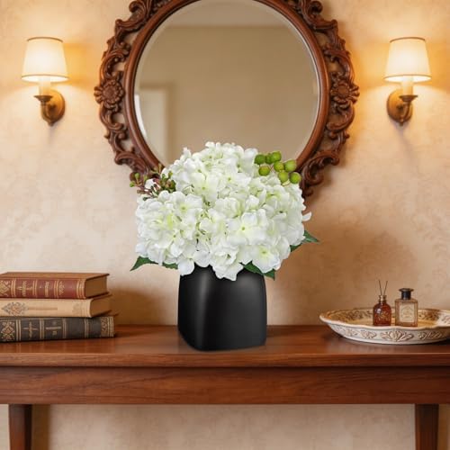 Briful Artificial White Hydrangea Arrangement, Matte Black Vase Centerpiece - Image 7