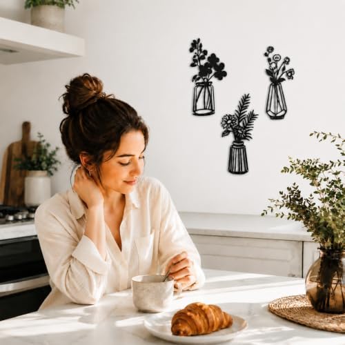 Qzmaikoo 3 Pieces Black Metal Flowers Wall Decor Vase Art Sculptures Hanging for Indoor Kitchen Bathroom Dining Room Patio, 14.56x7.48 Inches - Image 5
