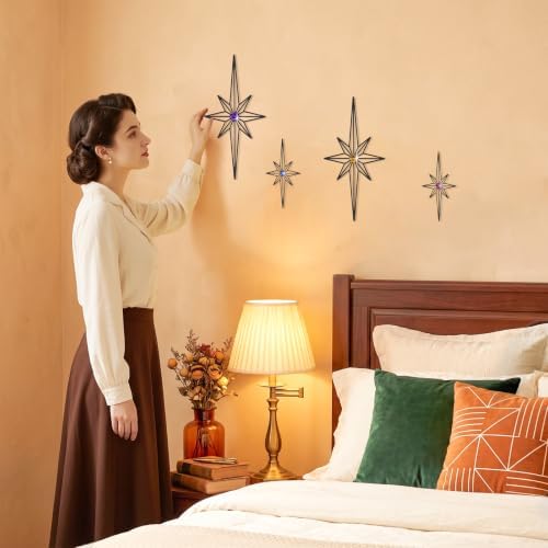 sxnzequnze 4 Pcs Star Wall Art for Home Decor Living Room Bedroom Office Metal 3D,Bling,with Hanging Hook Starburst Midcentury Sculpture Retro Gallery Accent Celestial -Black 16.5in/9.4in - Image 4