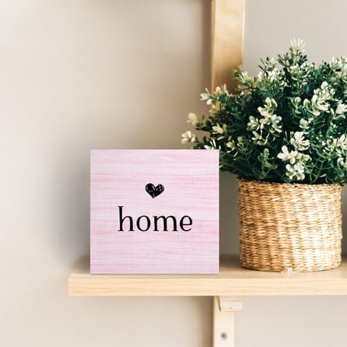 Home Sign, Home Signs for House Decor, Welcome Sign, Rustic Farmhouse Desk Decor Wood Block Box Plaque for Living Room Wall Shelf, Housewarming Gifts (Pink) - Image 3