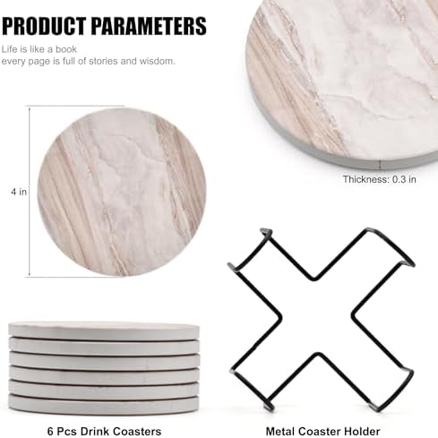 6Pcs Absorbent Coasters Set with Holder,Ceramic Drink Coaster,4 in（A6） - Image 2