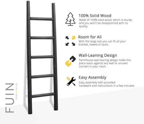 FUIN Blanket Ladder, 57in Rustic Solid Wood Decorative Ladder, Black - Image 7