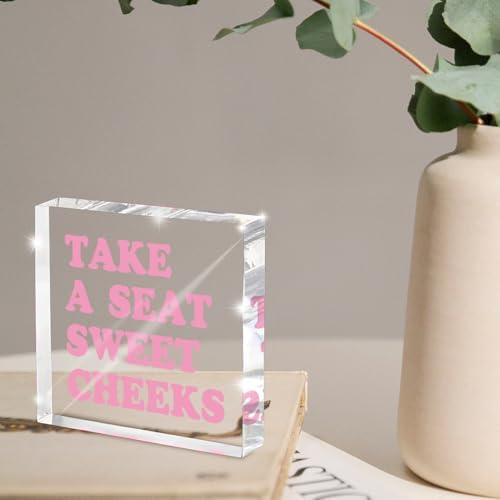 Take a Seat Sweet Cheeks Pink Acrylic Wall Decal, 4x4 Inch Fun Bathroom Decor, Quirky Desk Sign, Retro Humor Print for Girls Bedroom, Dorm and Gag Gift - Image 4