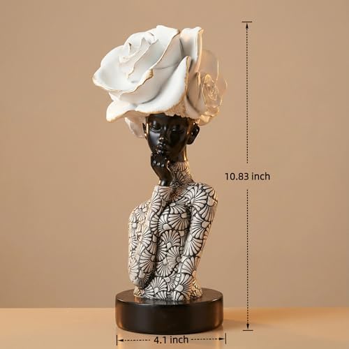 Lescafita African Woman Sculpture with White Rose Headdress, Black and White Resin Statues, Modern Abstract African Art Statue for Home Decor Shelf Table Office Display - Image 3