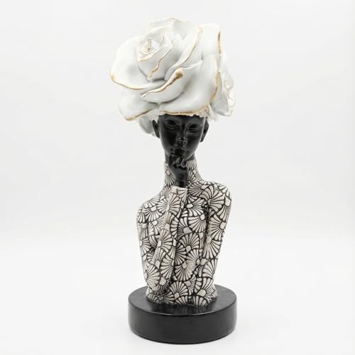Lescafita African Woman Sculpture with White Rose Headdress, Black and White Resin Statues, Modern Abstract African Art Statue for Home Decor Shelf Table Office Display by LESCAFITA