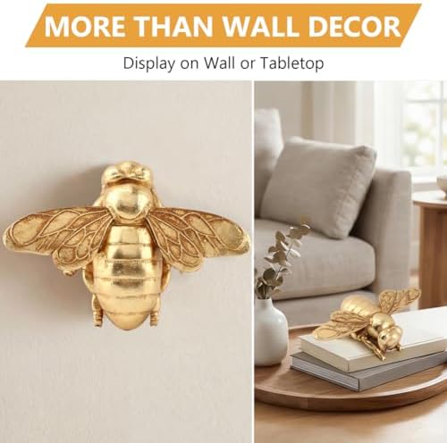 DOQXYAVM Gold Honey Bee Wall Art Decor, 3D Resin Bee Wall Sculpture, Hanging Insect Home Decoration for Living Room, Bedroom, Bathroom, Kitchen (L) - Image 5