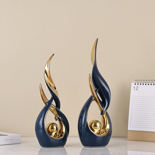 2 PCS Blue Gold Ceramic Statues For Home Decor Accents, Modern Abstract Art Sculptures, Elegant Tabletop Decorative Objects For Dining Room, Entryway, Tv Stand, Mantel, Coffee Table Centerpieces - Image 5