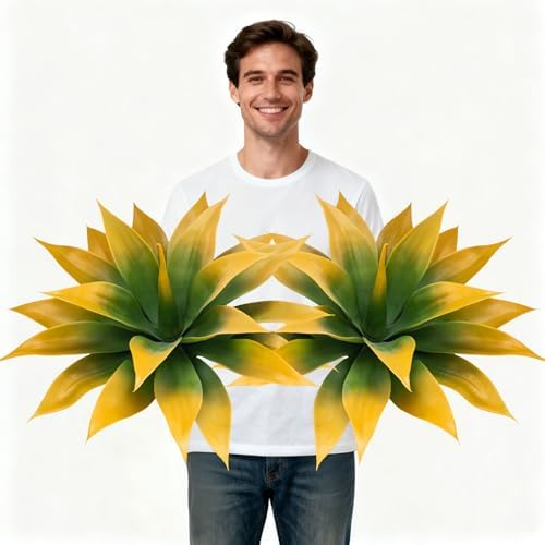 Artificial Agave Faux Agave Fake Greenery Outdoor Artificial Plants Fake Plants for Indoor Home Decoration Plastic Plants Outdoor Decor Front Porch Decor Simulation Plants 18In(Yellow) 2Pack by ENALGRE