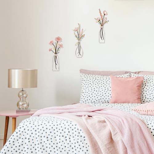 Pigort 3 Pieces Metal Flowers Wall Arts - Rustic Farmhouse Style Décor Metal Wall Art Black Minimalist Flower Natural Themed Wall Decors for Home Bedroom Dining Room Housewarming (Pink Beige) - Image 6