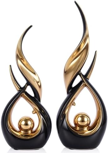 2 PCS Black Gold Ceramic Statues For Home Decor Accents, Modern Abstract Art Sculptures, Elegant Tabletop Decorative Objects For Dining Room, Entryway, Tv Stand, Mantel, Coffee Table Centerpieces by LINYTHER
