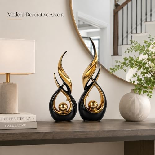 2 PCS Black Gold Ceramic Statues For Home Decor Accents, Modern Abstract Art Sculptures, Elegant Tabletop Decorative Objects For Dining Room, Entryway, Tv Stand, Mantel, Coffee Table Centerpieces - Image 2