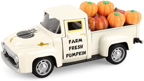 Thanksgiving Fall Tiered Tray Decor Vintage Metal Truck Fall Pumpkin Truck with Mini Fake Pumpkins White Autumn Harvest Gifts for Farmhouse Shelf Coffee Table Home Kitchen Table Decorations by Fowecelt