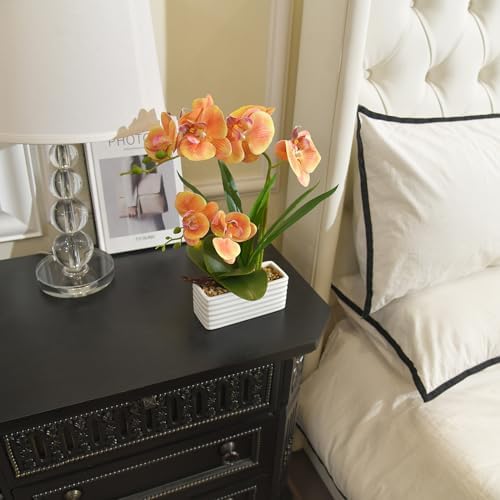 Artificial Real Touch Orchid Flowers with White Ceramic Vase, Orange - Image 6