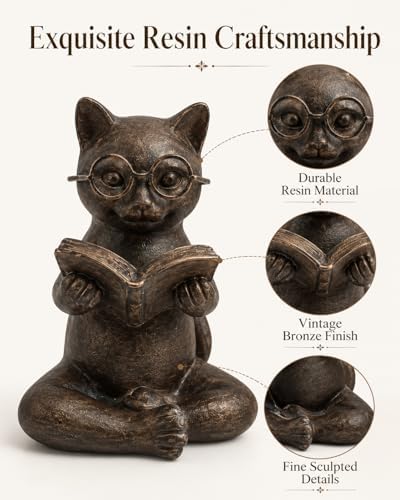 Bronze Cat Figurine Reading Book, Resin Home Décor Accents Statue with Glasses, Cute Tabletop Decor for Bookshelf Desk Office Library, Cat Lovers Gifts for Women Man Teacher Student (Reading Cat) - Image 6