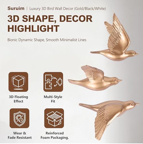 suruim 3D Birds Wall Decor Set of 3 Resin Wall Sculpture(Gold) - Image 2
