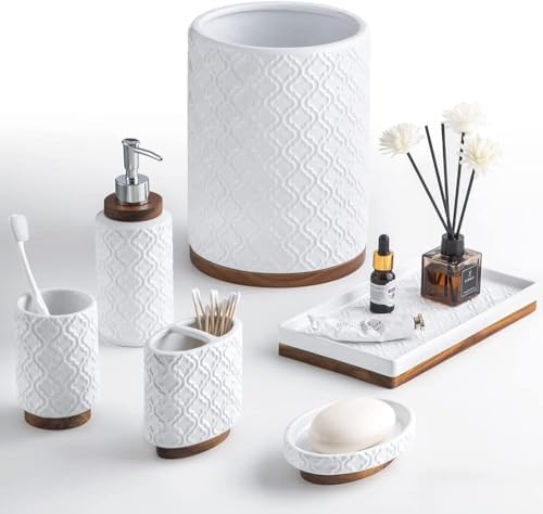 RQYIXI Ceramic Bathroom Accessories Set,Cream White,6 Piece,with Trash Can - Image 2