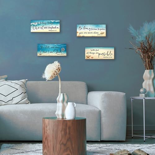 4 Pieces Beach Wall Decor Ocean Bathroom Decor With Bible Verses Wooden Christian Farmhouse Sign for Home Religious Prayer Wall Art for Living Room Office Bedroom Bathroom(Beach,10x4") - Image 6