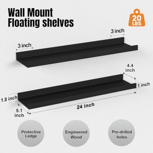 24inch Long Floating Shelves for Wall Decor, 5-Set Shelves with Lip, Black - Image 3